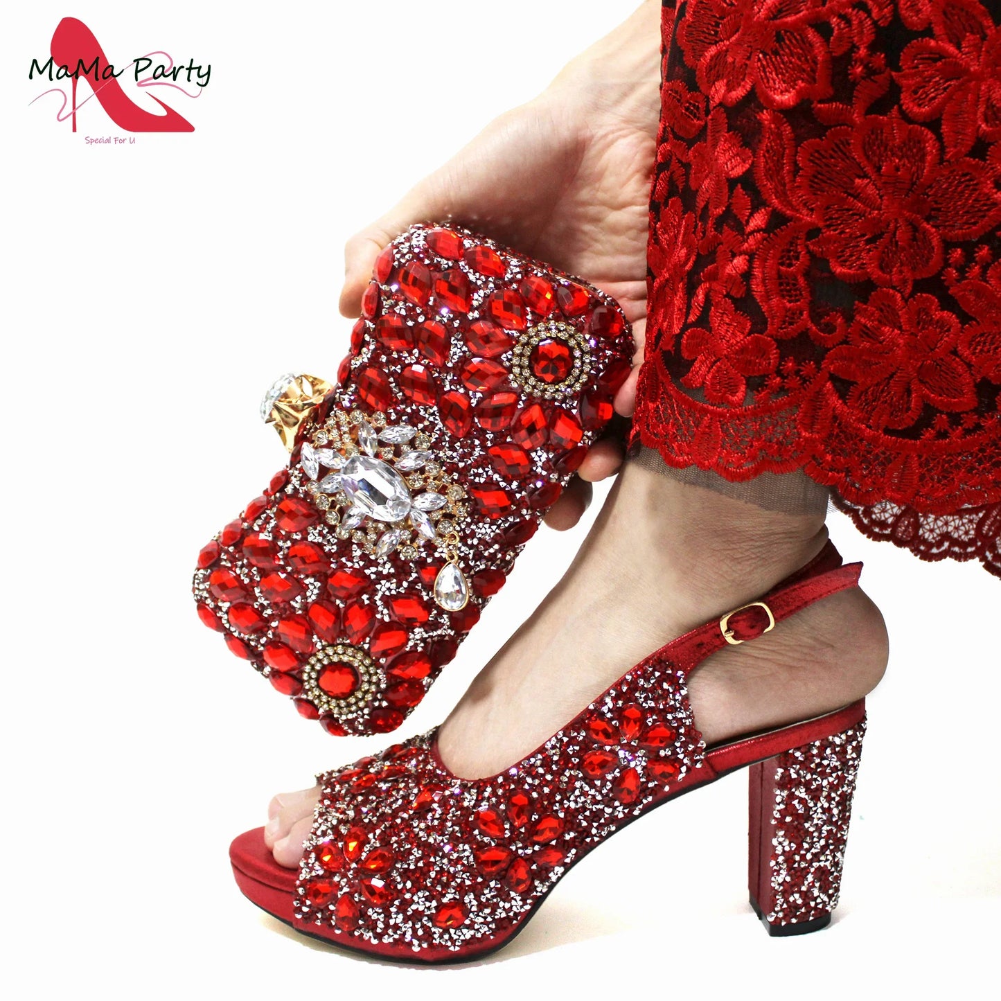 Elegant red peep toe sandals with luxurious crystal embellishments and buckle strap, perfect for women's formal occasions.