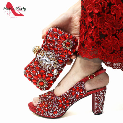 Elegant red peep toe sandals with luxurious crystal embellishments and buckle strap, perfect for women's formal occasions.