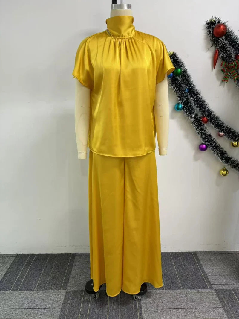Elegant full-length view of a matching satin outfit for women, perfect for casual and formal occasions.