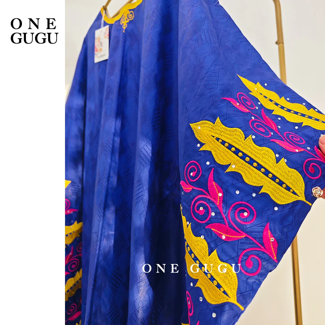 Full view of the Royal Blue African Boubou Dress, designed for women, highlighting its graceful silhouette and traditional dashiki style.