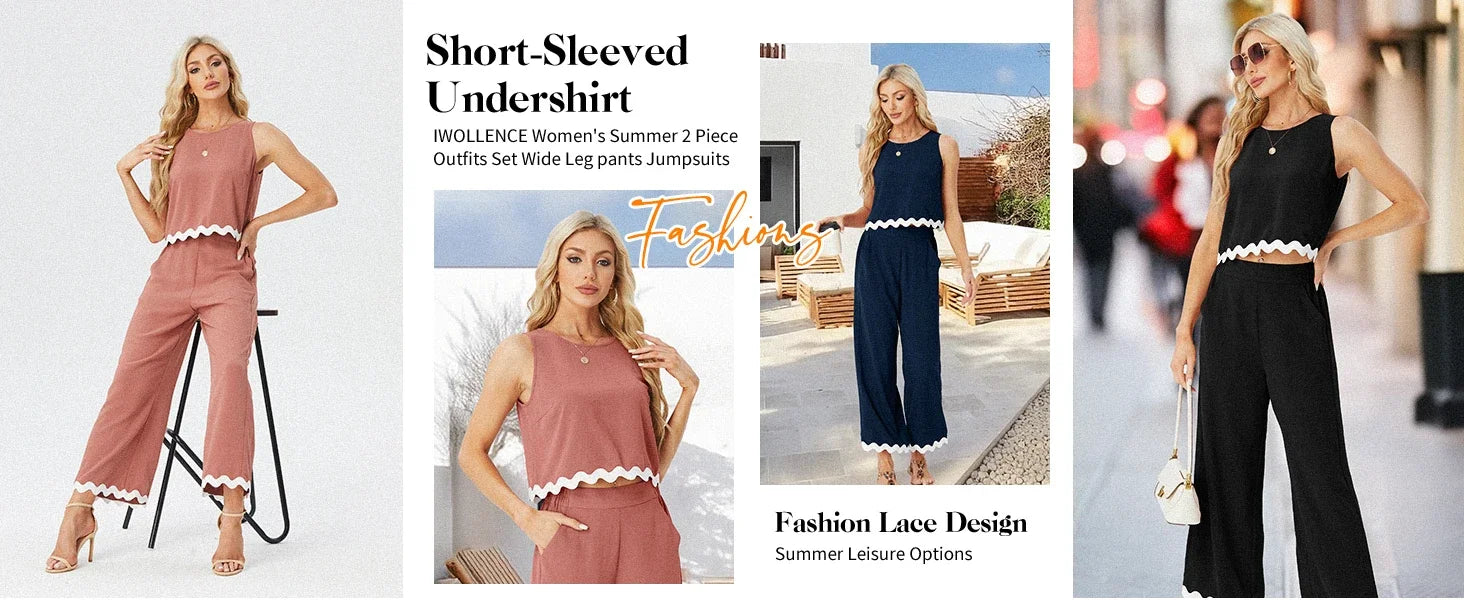 Model wearing a luxurious casual outfit set featuring a sleeveless top and wide leg pants, representing contemporary elegance.