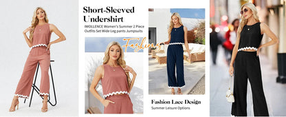 Model wearing a luxurious casual outfit set featuring a sleeveless top and wide leg pants, representing contemporary elegance.