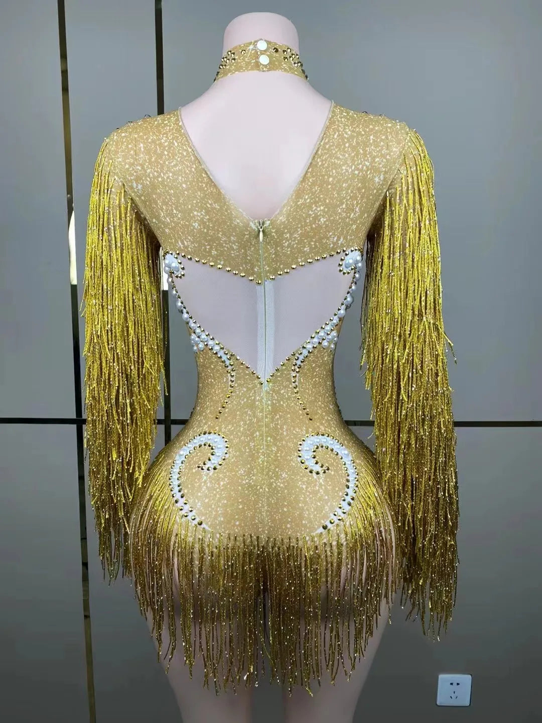 Full view of luxury women's cha-cha dance practice suit, highlighting the stylish slim skirt and dynamic movement-friendly design.