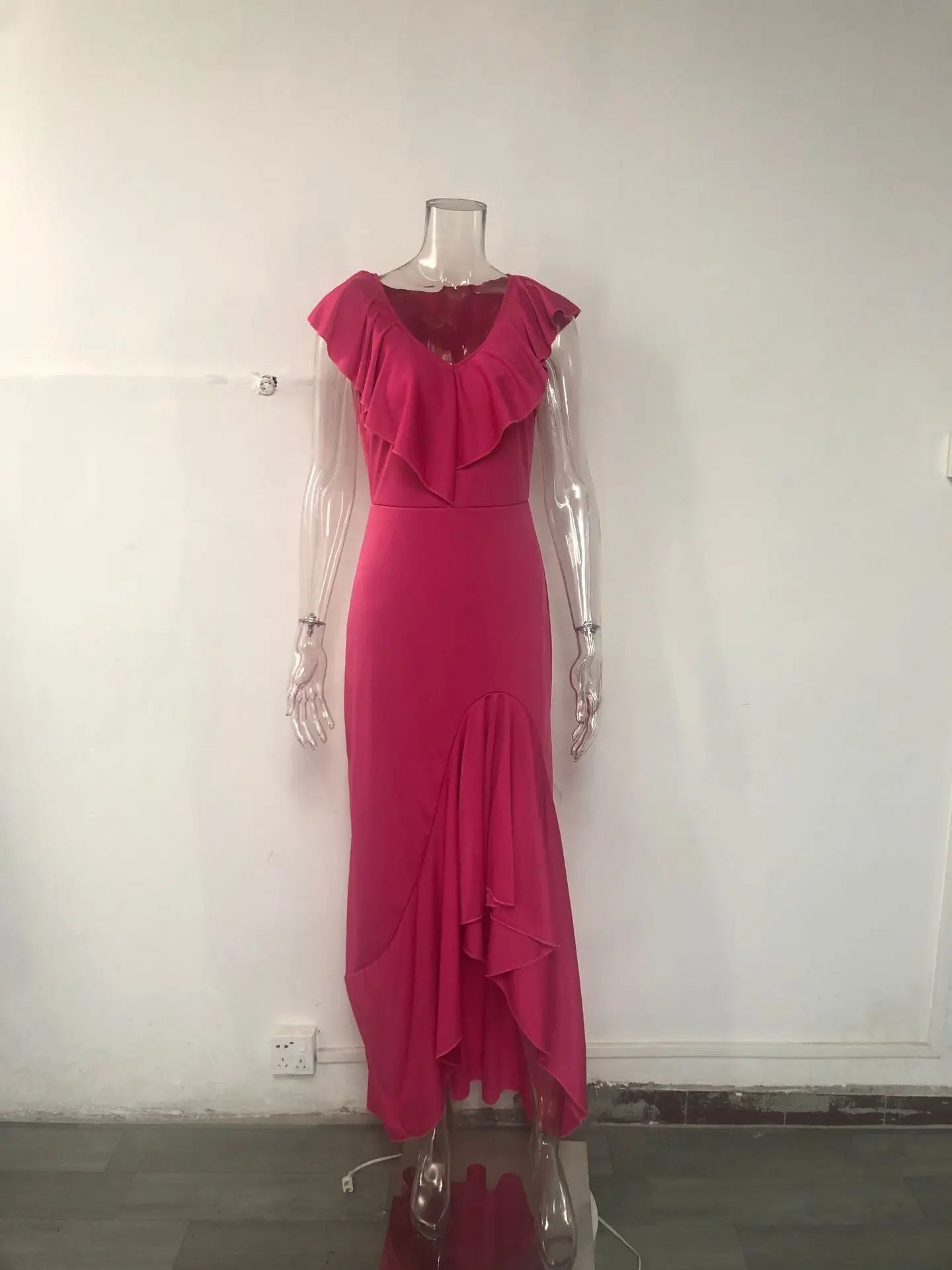 Elegant V Neck Ruffles Maxi Dress for Women featuring asymmetrical sleeveless design and ankle-length silhouette, perfect for sophisticated occasions.