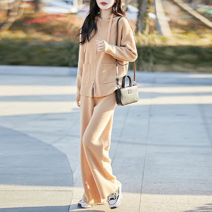 Close-up detail of the luxurious knit texture of 100% Merino wool, showcasing the warmth and softness of the Women's Crewneck Hooded Cardigan.