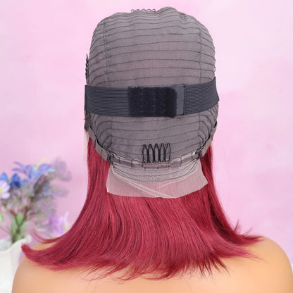 Back view of the 99J Burgundy 13x4 lace wig, showcasing the impeccable layer of the Brazilian Remy hair and expert craftsmanship.