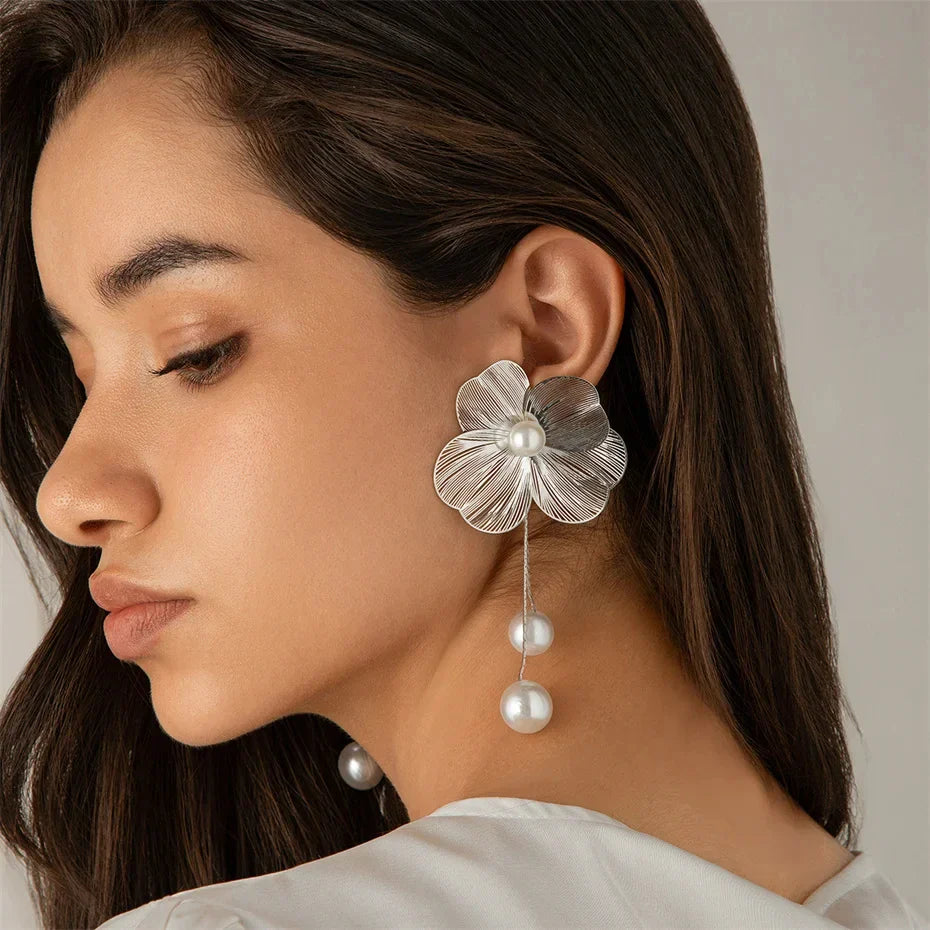 Elegant Romantic Long Tassel Drop Earrings featuring delicate flower petals and imitation pearls for women, perfect for enhancing any trendy fashion look.