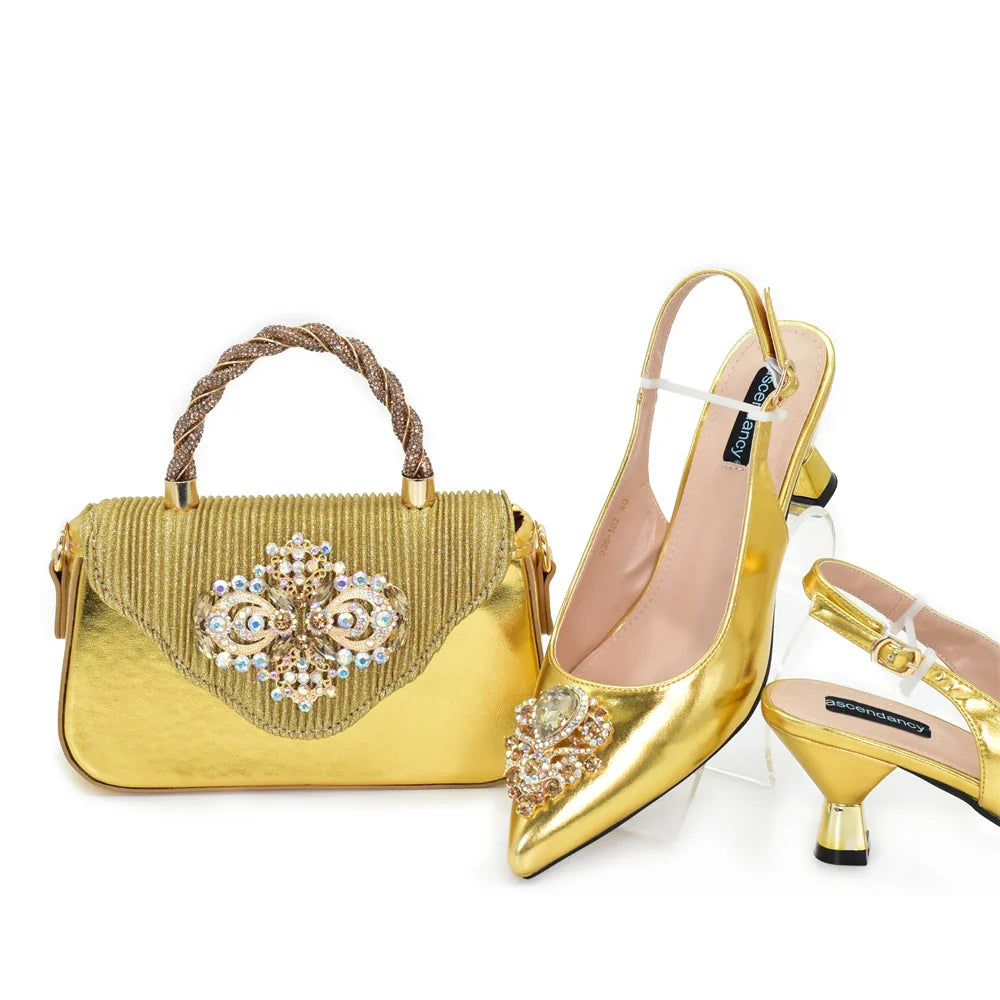 Chic Italian pump and matching bag set for women, designed with sparkling crystal details, ideal for formal events.