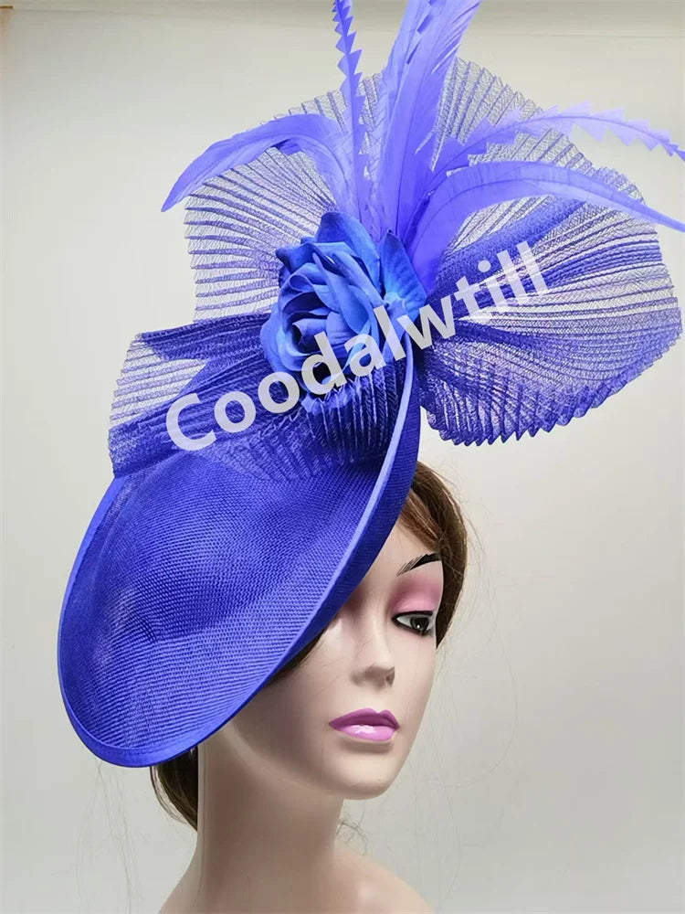 Stunning headband-style fascinator with intricate floral detail and plush feathers, an essential accessory for the discerning woman at formal events.