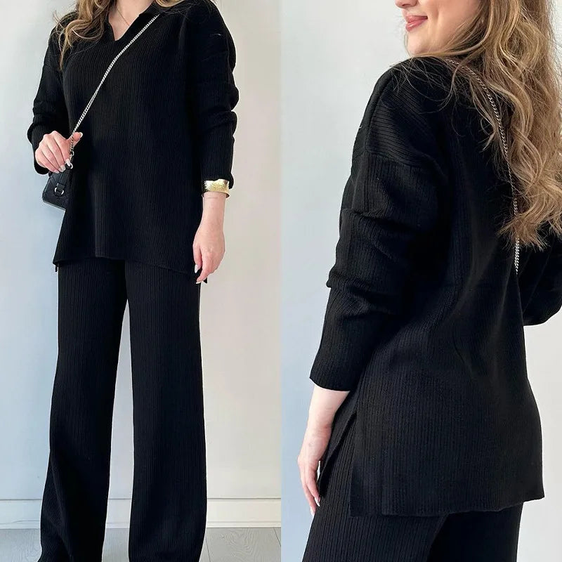 Sophisticated close-up of the women's solid knitted pullover and wide leg pants ensemble, showcasing high-quality polyester fabric and elegant loose fit for a stylish look.