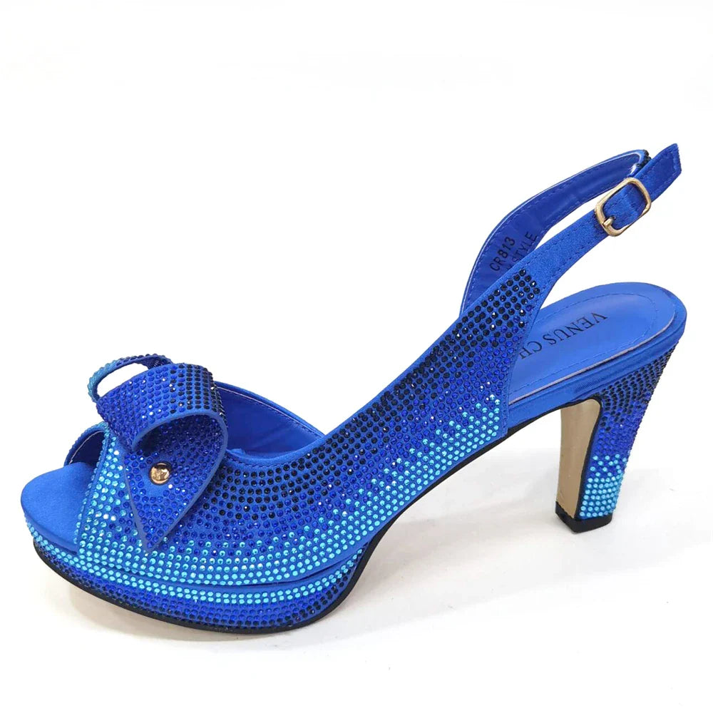 Luxurious Venus Chan peep toe high heels in peach with decorative rhinestones, perfect for afternoon parties and special events.