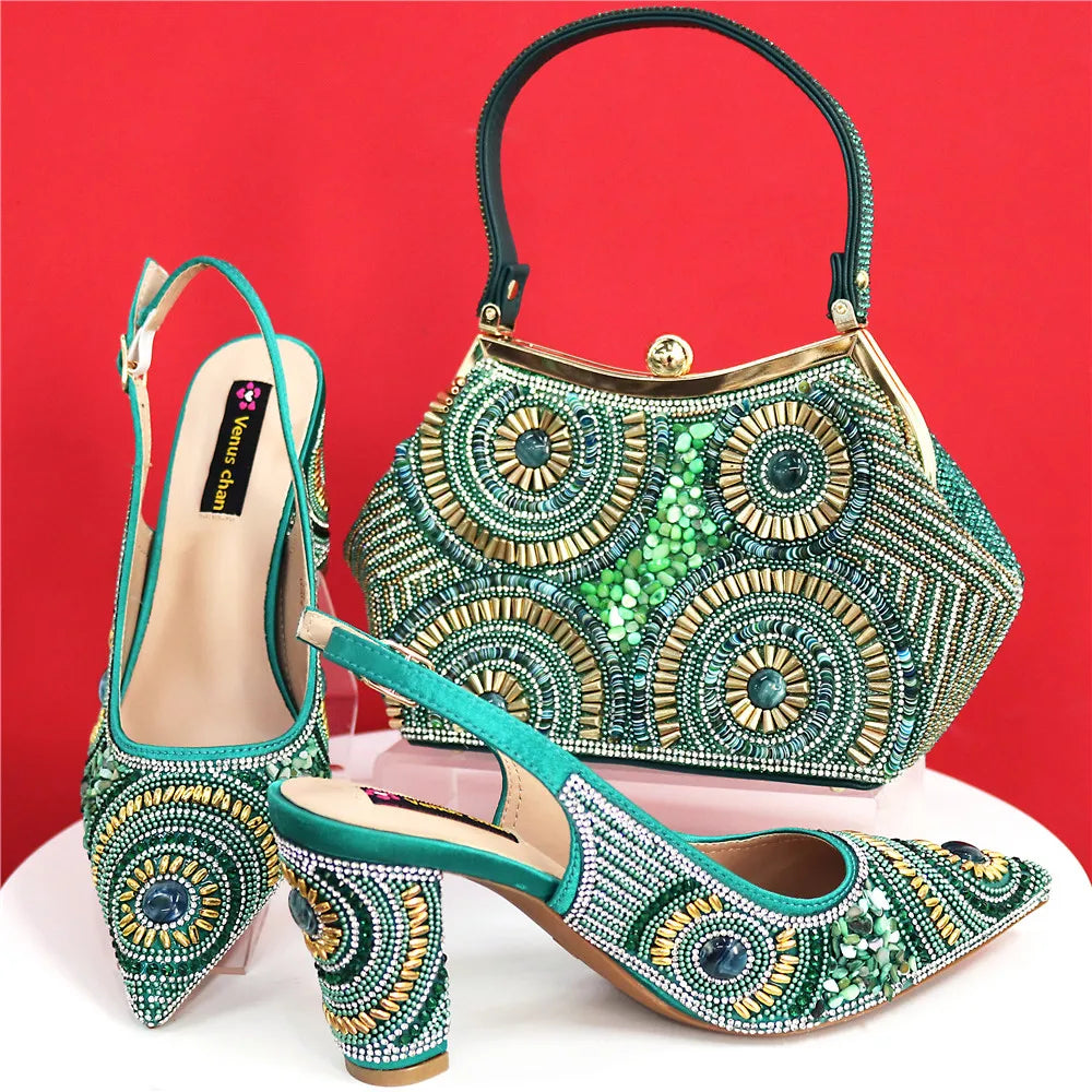 Sophisticated image of a complete women's footwear and handbag ensemble, showcasing elegant pointed toe pumps and a stylish handbag designed for refined taste.