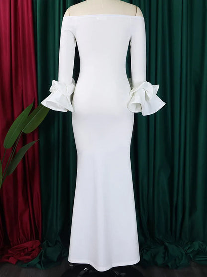 Elegant FairyShely Plus Size Off Shoulder Long Sleeve Solid Bodycon Dress showcasing a curvy silhouette, perfect for sophisticated spring events.