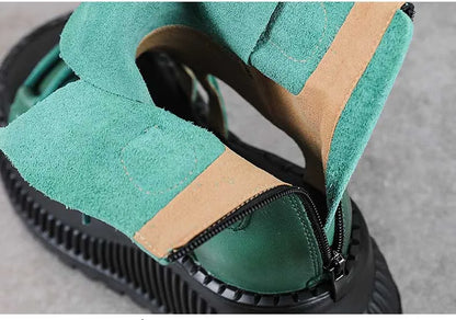 Close-up of the breathable design of Koznoy women's ankle booties, highlighting genuine cow leather and stylish peep toe.