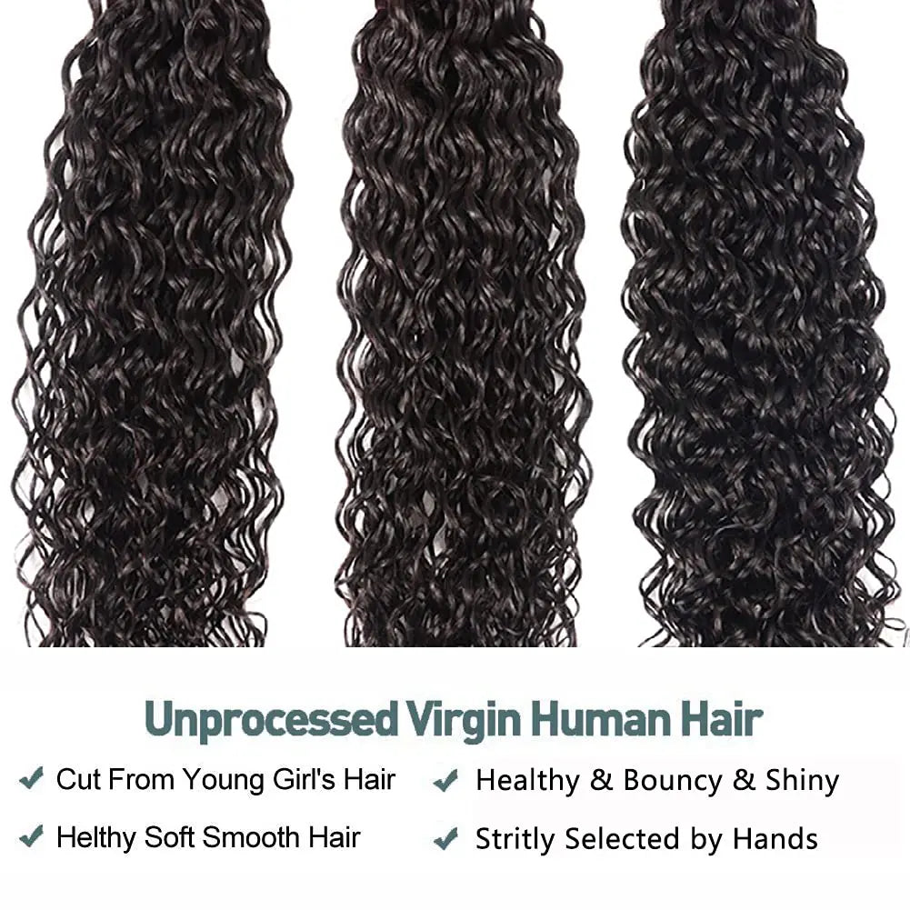 Close-up of Brazilian Remy Hair Curly Deep Wave Bundle, highlighting natural shine and premium quality craftsmanship.