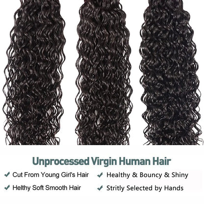 Close-up of Brazilian Remy Hair Curly Deep Wave Bundle, highlighting natural shine and premium quality craftsmanship.