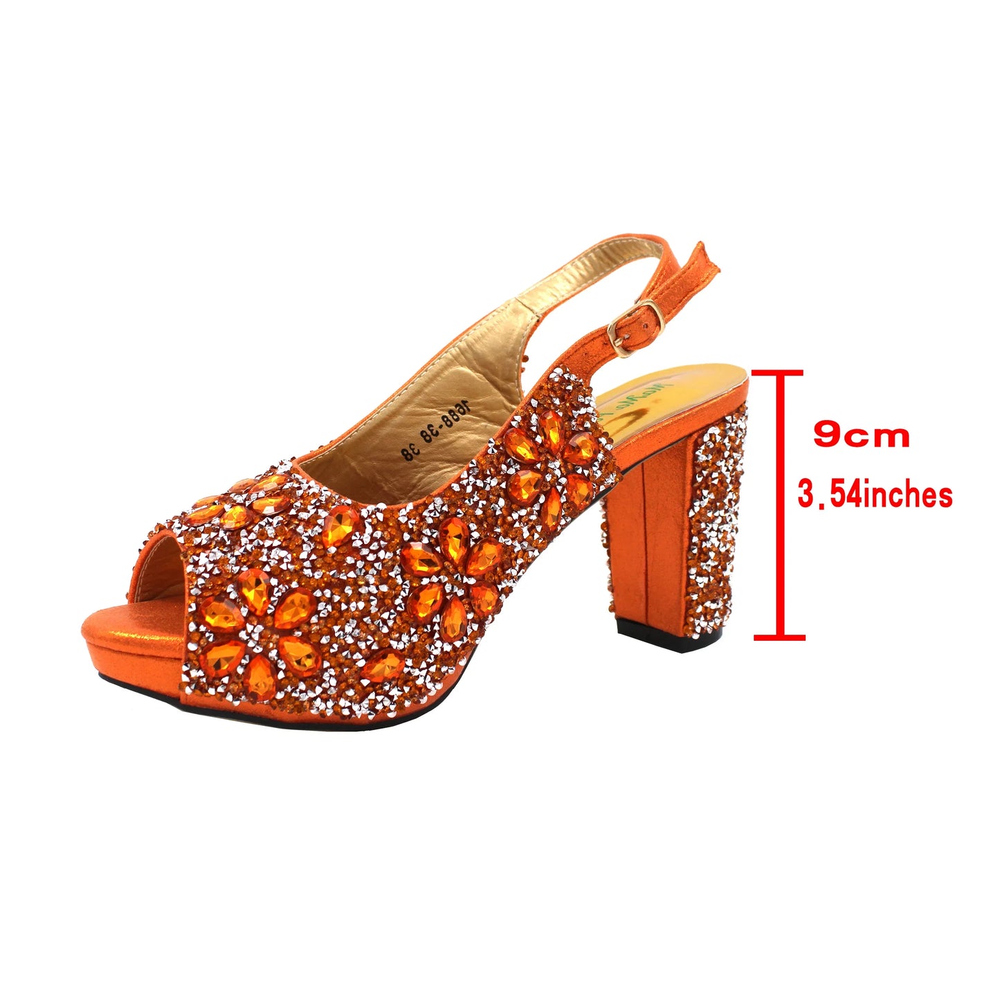 Side view of super high heel red sandals with a square heel and peep toe design, showcasing fashion elegance.