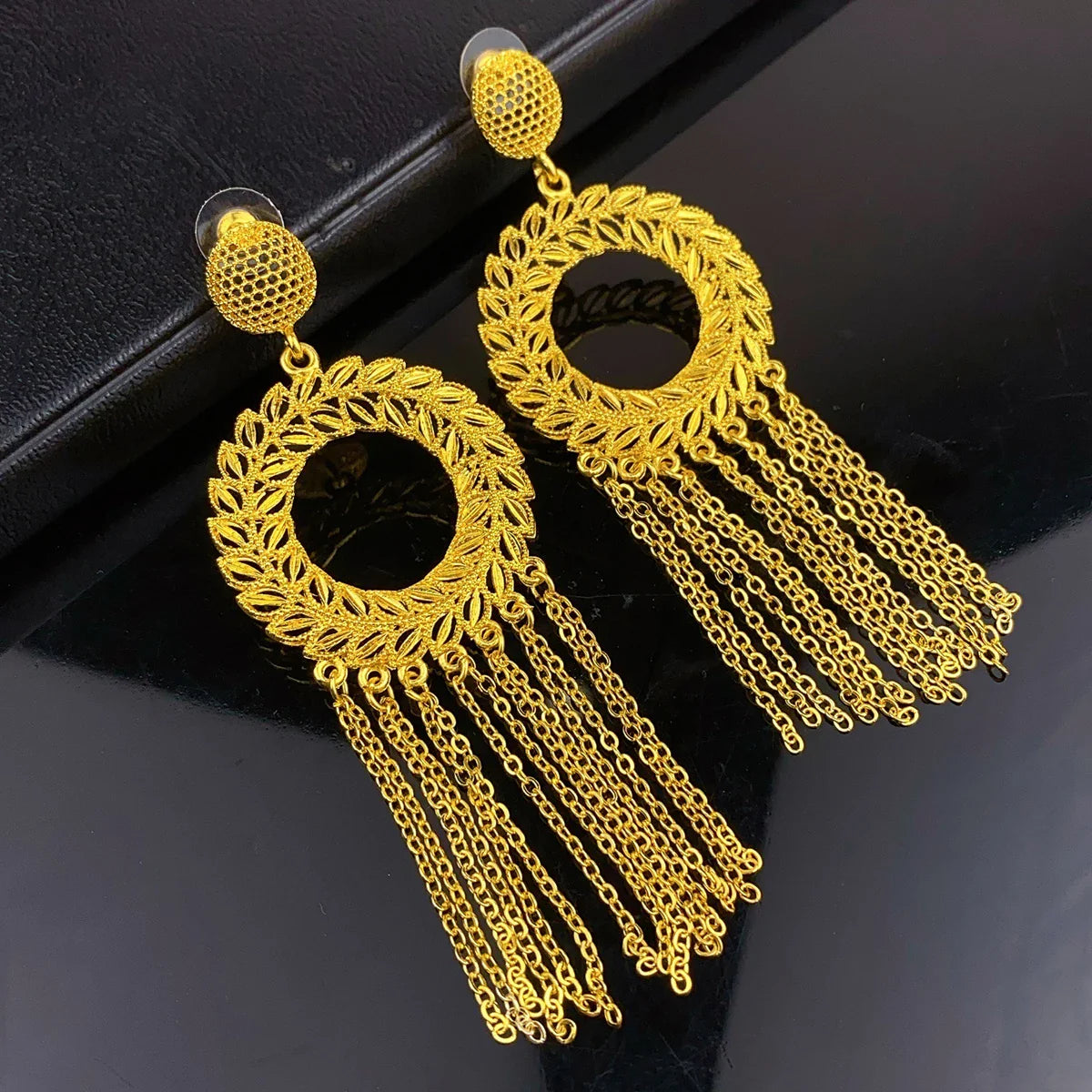 Close-up view of exquisite 24K Gold Plated Tassel Drop Earrings showcasing detailed craftsmanship and luxurious finish for women.