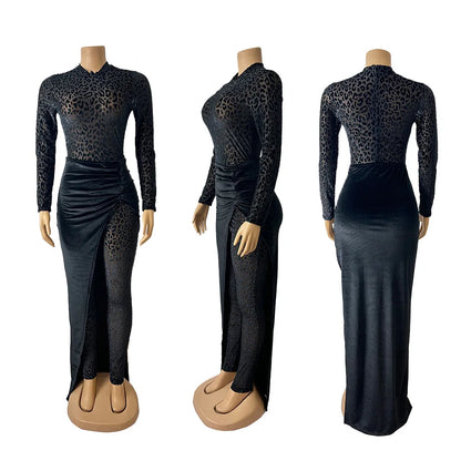 Stylish leopard print velvet jumpsuit set by CM.YAYA, showcasing sophisticated long sleeves and an O-neck design.