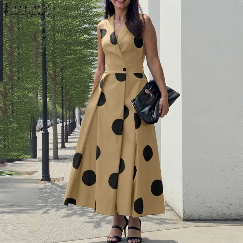 ZANZEA Elegant Polka Dot Maxi Dress, highlighting its tank sleeve style and regular fit, ideal for middle-aged women seeking elegance.