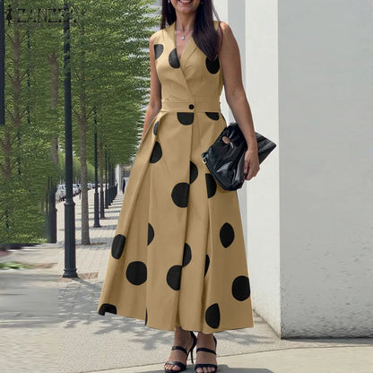 ZANZEA Elegant Polka Dot Maxi Dress, highlighting its tank sleeve style and regular fit, ideal for middle-aged women seeking elegance.