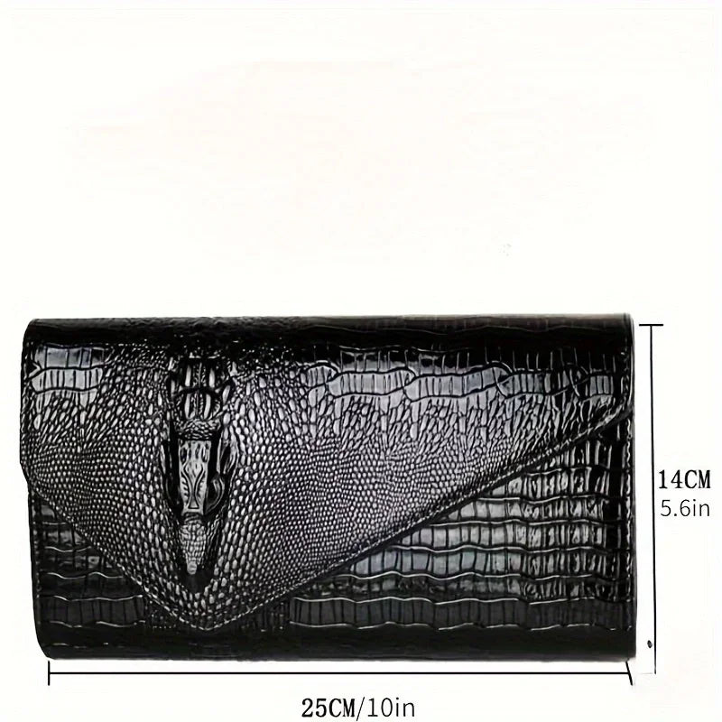 Elegant women's crocodile print clutch bag, showcasing a stylish design perfect for evening wear.