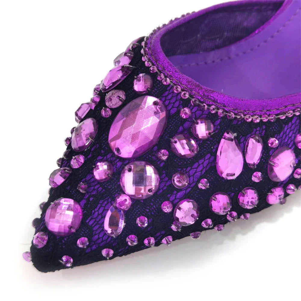 Luxury green Italian designer diamond lace shoe set with pointed toe and high spike heels for women, size 37-42.