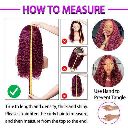 Elegant 26-inch deep wave wig in 99J Burgundy, designed with pre-plucked hairline for a natural look.