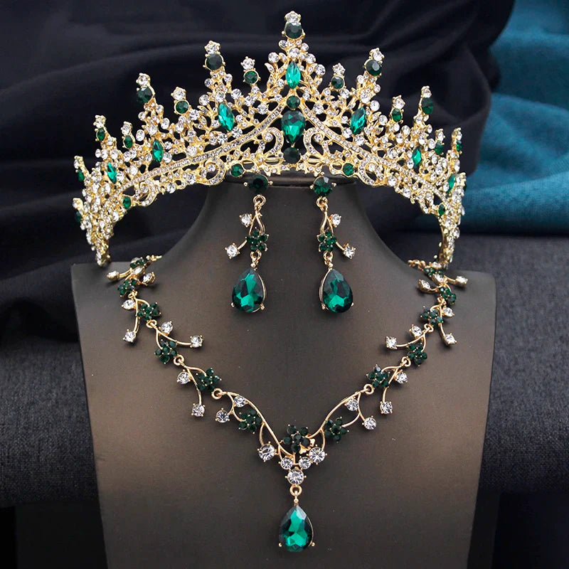 Complete bridal jewelry set including an opal green tiara, necklace, and earrings, crafted for romantic elegance.