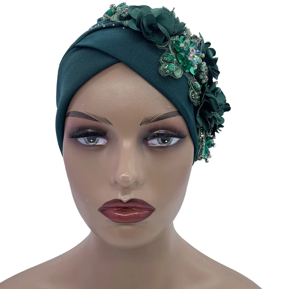 Close-up of vibrant polyester fabric of the African turban cap, showcasing intricate details and soft texture, ideal for middle-aged women.