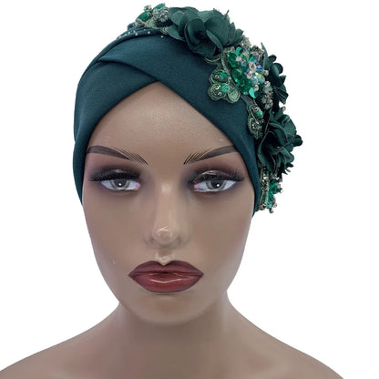 Close-up of vibrant polyester fabric of the African turban cap, showcasing intricate details and soft texture, ideal for middle-aged women.