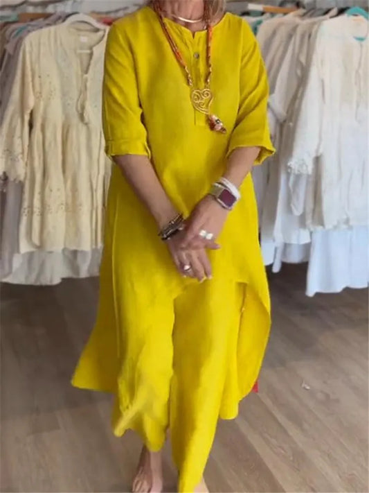 Elegant Pure Colour Casual Cotton Linen Suit for Women featuring a V-Neckline, loose fit, and three quarter sleeves, perfect for a sophisticated office style.