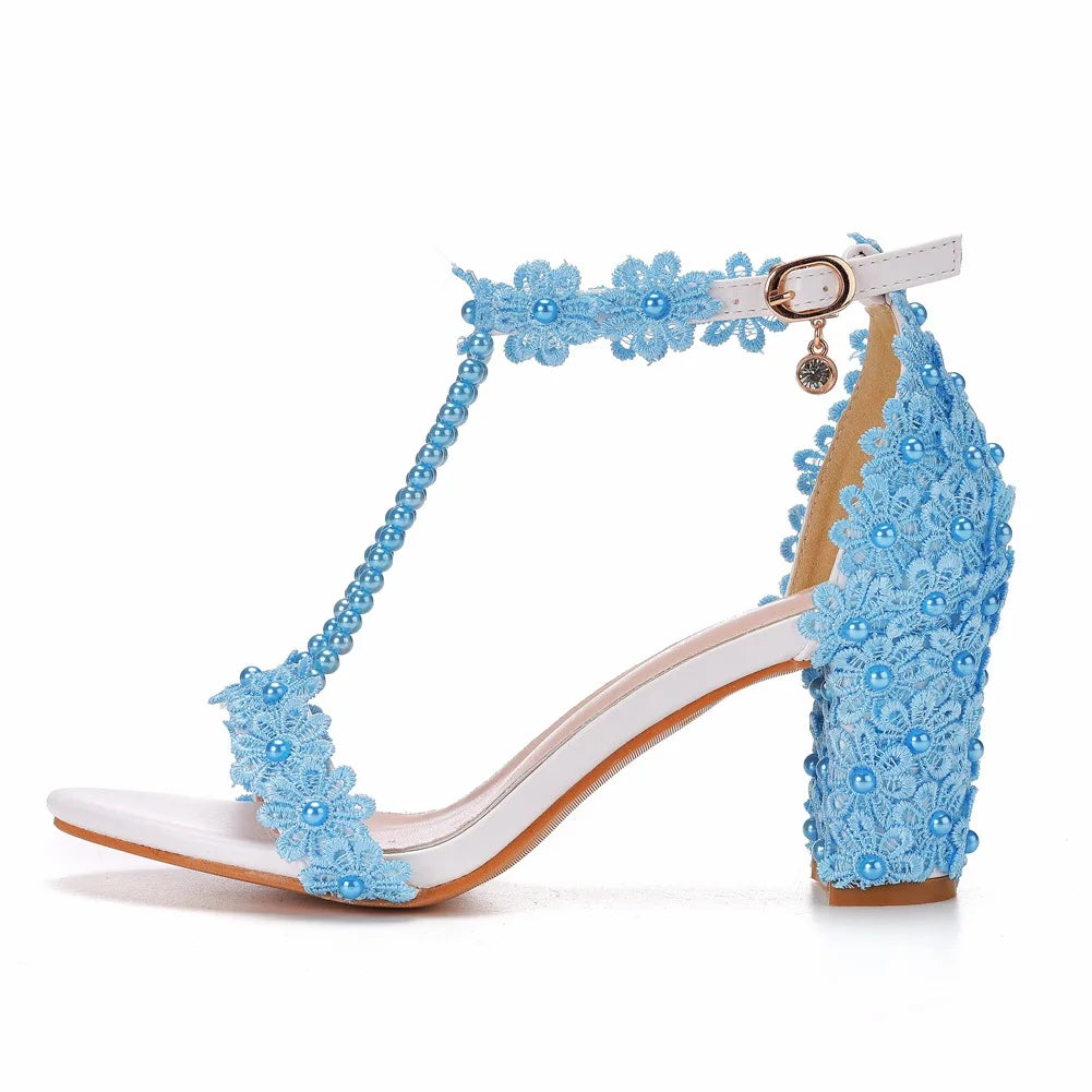 Beautifully designed High Heel Gladiator Sandals for women, featuring a combination of delicate lace flowers and beads in various vibrant colours.