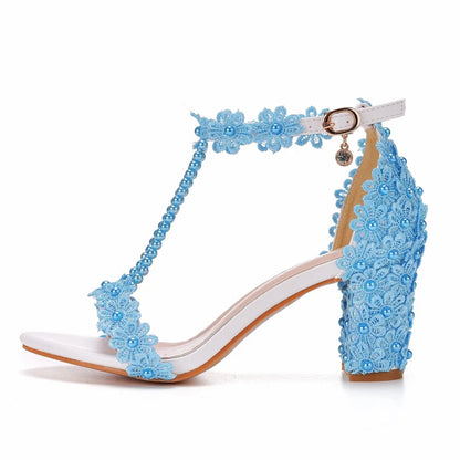 Beautifully designed High Heel Gladiator Sandals for women, featuring a combination of delicate lace flowers and beads in various vibrant colours.