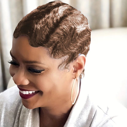 Model showcasing the 150% density Brazilian Remy human hair short curly pixie wig in a sophisticated finger wave design, perfect for a chic look.