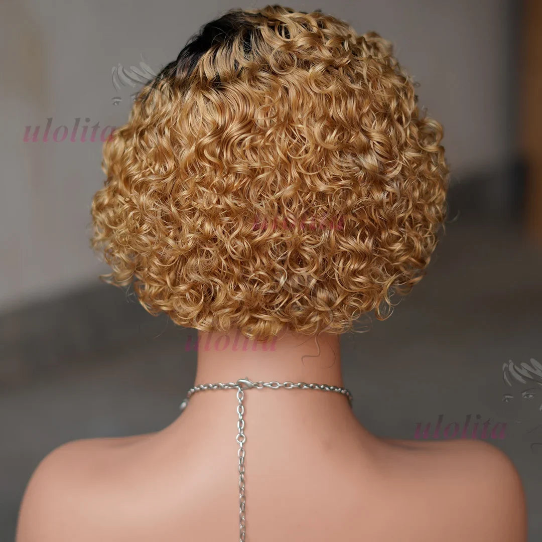 Ombre Blonde T1B27 Pixie Cut Curly Bob Wig made from 100% Brazilian human hair, showcasing a luxurious side part and lively curls.