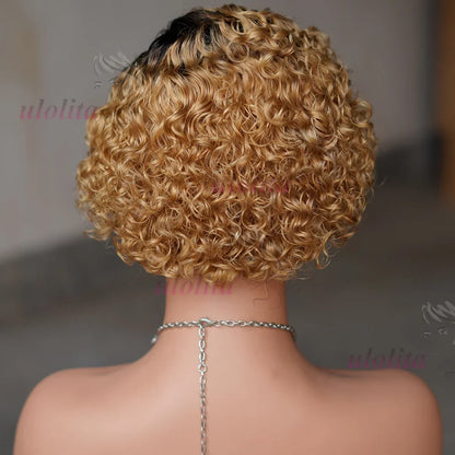 Ombre Blonde T1B27 Pixie Cut Curly Bob Wig made from 100% Brazilian human hair, showcasing a luxurious side part and lively curls.