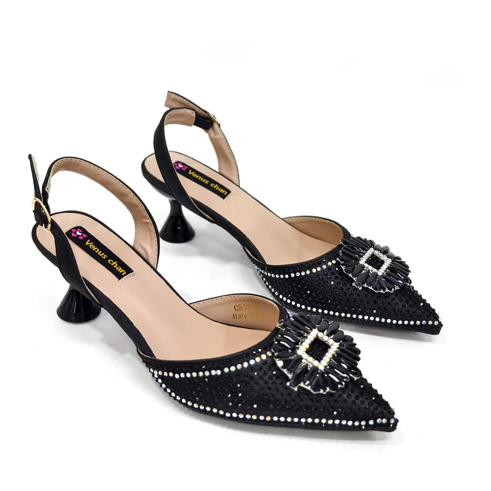 Stylish matching handbag set with metallic handle, designed to complement elegant women's party shoes.