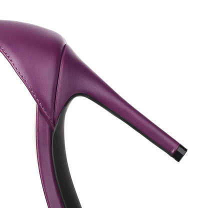 Luxury gold and purple stilettos with T-strap design, perfect for women attending summer parties and proms.