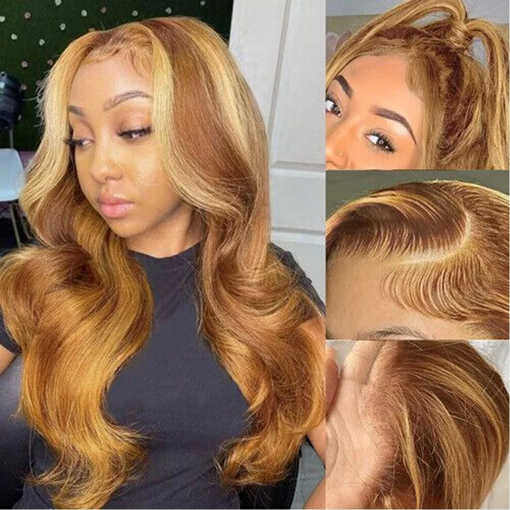 High temperature synthetic hair body wave ombre lace front wig elegantly styled in honey blonde, perfect for versatile fashion statements.