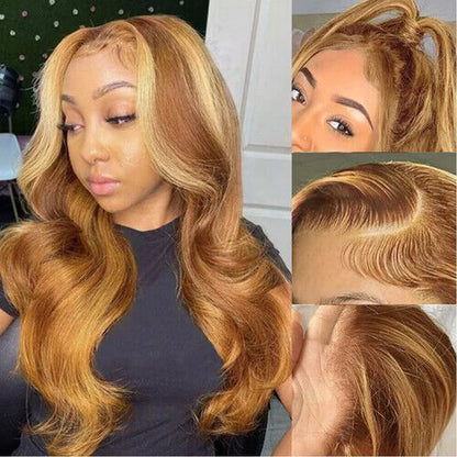 High temperature synthetic hair body wave ombre lace front wig elegantly styled in honey blonde, perfect for versatile fashion statements.