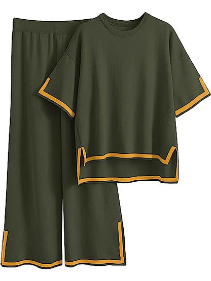 Fashion-forward women’s knitted suit displaying an O-neck collar and regular sleeve style, ideal for a polished look in graceful elegance during the warmer seasons.