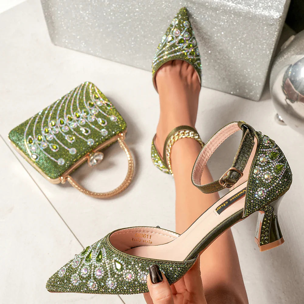 Fashionable women's rhinestone pumps and matching bag set, designed for high-fashion summer events.