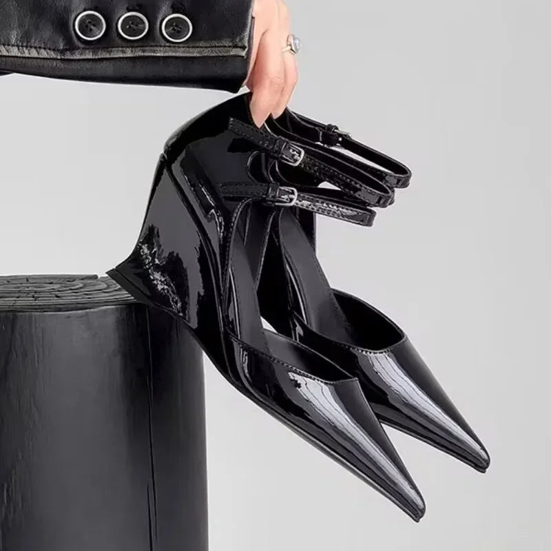 Glamorous women's high heel wedge sandals with a slim profile and pointed toe, complemented by a deluxe buckle closure for striking elegance.