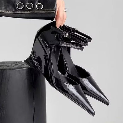 Glamorous women's high heel wedge sandals with a slim profile and pointed toe, complemented by a deluxe buckle closure for striking elegance.