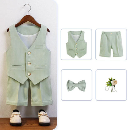 Stylish boys baptism suit set in green and white, including a vest, shirt, shorts, and bowtie perfect for ceremonies and special events.