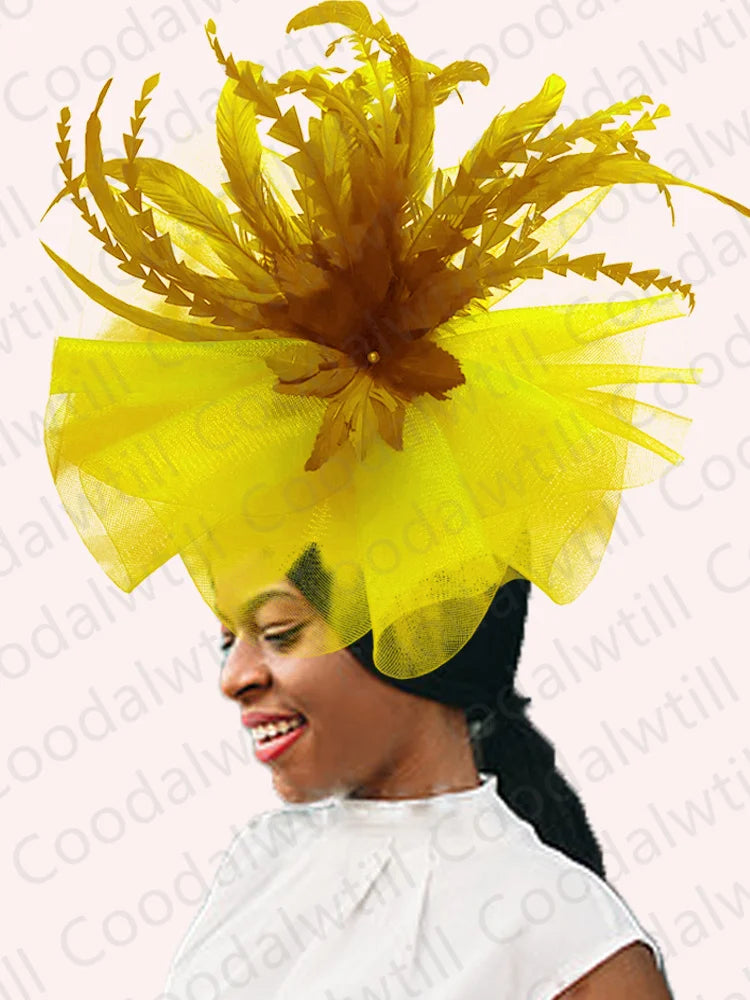 A luxurious Elegant Kentucky Derby Big Fascinator Hat for Women, featuring an exquisite feather pillbox design ideal for weddings and royal parties, measuring approximately 42CM, embodying sophistication and style.