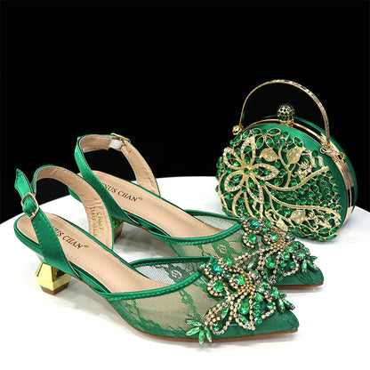 Elegant green lace low heel shoes with crystal detailing, complemented by a stylish mini bag, perfect for formal occasions, available for women in sizes 37-43.