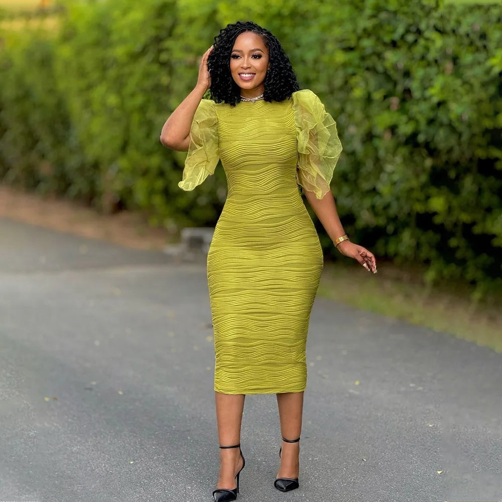 Chic CM.YAYA women's striped knee-length dress featuring elegant butterfly sleeves and ruffle details, perfect for evening wear.