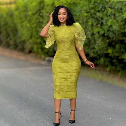 Chic CM.YAYA women's striped knee-length dress featuring elegant butterfly sleeves and ruffle details, perfect for evening wear.